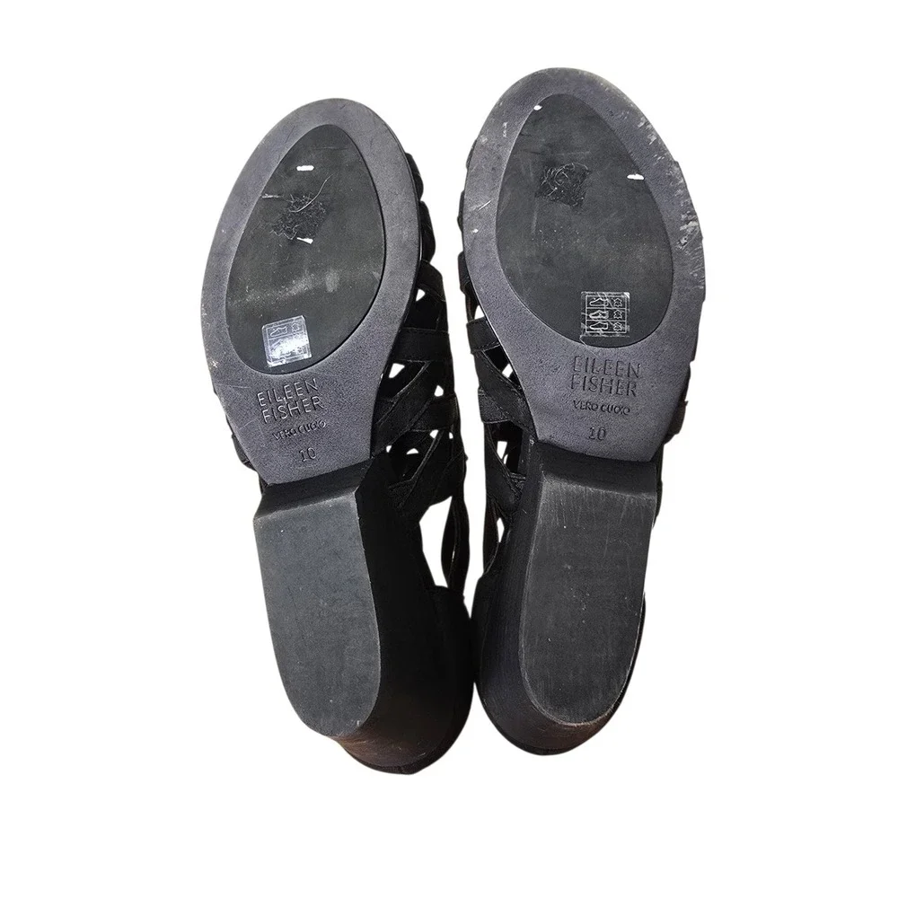 Eileen Fisher Black Leather Elastic Strappy Cage Wedge Sandals Womens 10